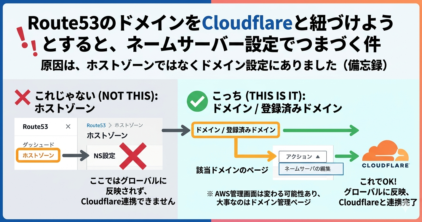 Route53とCloudflareの接続がうまくいかないのはNSの設定場所かもしれません